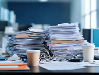 Disorganized Office Desk Buried Under Stacks of Paperwork and Documents in a Busy Work Environment, Perfect for Illustrating Office Chaos and Productivity Challenges