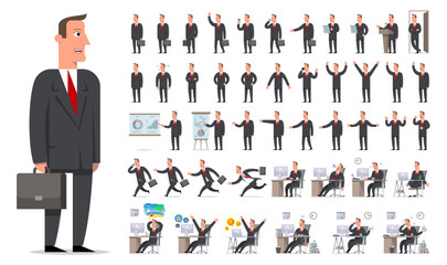 Businessman or manager character creation big set. Different views, gestures, emotions.