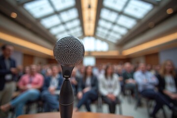 Microphone at wooden podium in indoor gathering atmosphere