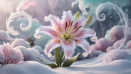 Fototapeta premium lily flower consists of colorful fog ice, created by generative AI, lily flower background, surreal
