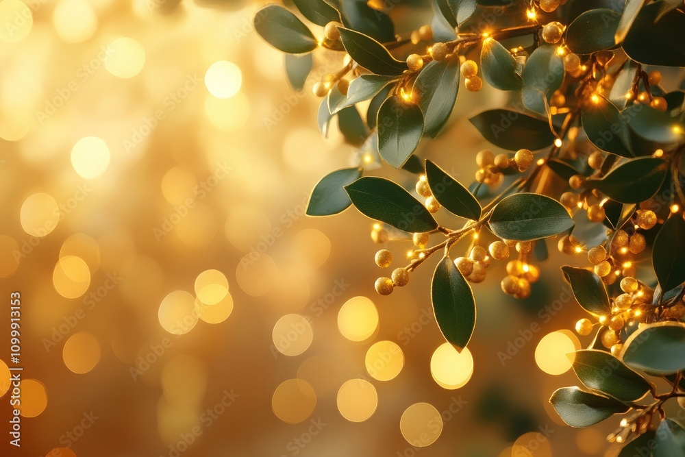 Poster christmas lights shining on golden berries and green leaves creating a festive bokeh background