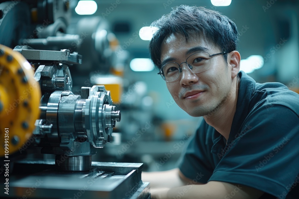 Aufkleber Industrial engineer smiling and working with a cnc machine in a factory