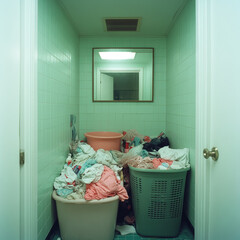 Overflowing Laundry Baskets in a Small Bathroom with Messy Clothes and a Mirror Reflecting Disarray in a Tight Space