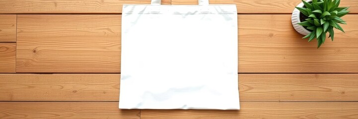 Obraz premium Canvas tote bag mockup on a wooden table with blank white space for customization, mockup, branding
