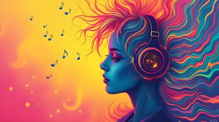 Vibrant music experience in abstract digital art style, showcasing headphones, captures the essence of music and creativity with dynamic splashes of color.
