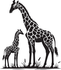 Mother giraffe standing protectively over a baby giraffe