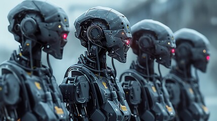 Obraz premium A row of futuristic robots with glowing red eyes, showcasing advanced technology and design.