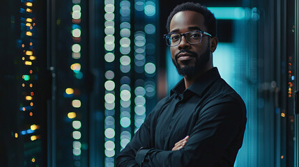 Confident IT professional standing in a data center environment
