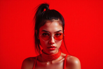 Young woman against vibrant red background styled2