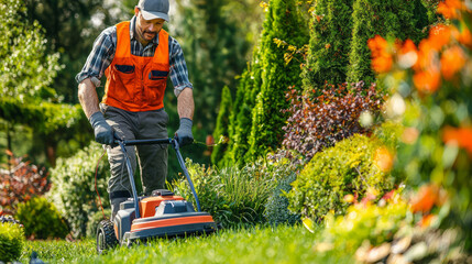 Fototapeta premium Professional gardener trimming lush bushes in vibrant spring garden