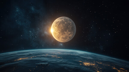 Moon's Role in Tides. A serene view of Earth from space with a glowing planet and distant stars, showcasing the beauty of the cosmos.