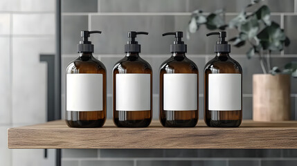 A set of three amber glass bottles with pump tops, labeled with blank white labels, stand neatly on a wooden shelf in a modern bathroom. The bottles are arranged symmetrically, suggesting a collectio