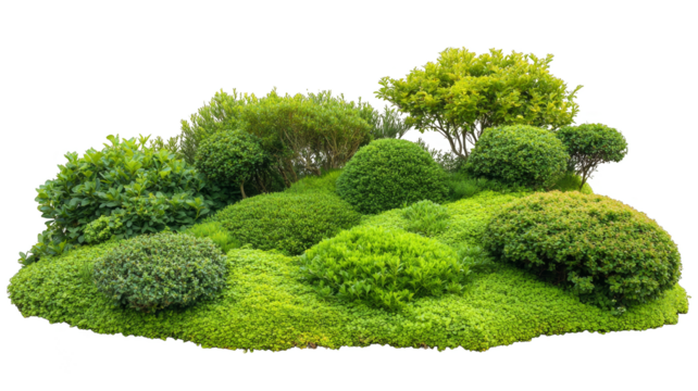 lush, vibrant garden with various green shrubs and bushes, showcasing diverse textures and shapes, creating serene and natural landscape