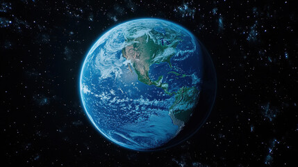 Obraz premium Moon's Role in Tides. A stunning view of Earth from space, showcasing its vibrant colors and distinct continents against a backdrop of dark, starry cosmos.