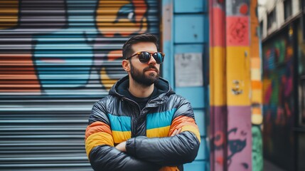 Fototapeta premium Stylish man with arms crossed, standing against colorful graffiti wall.