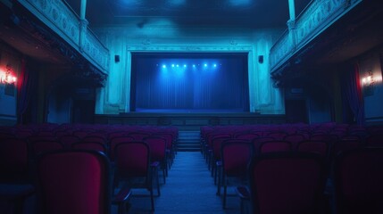 Empty theater interior with blue stage lights and red seating