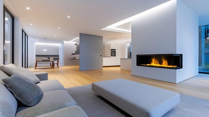 Chic and Cozy Modern Living Room with Warm Lighting and Fireplace