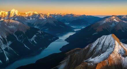 Fototapeta premium Majestic Sunrise Alpine Lake, SnowCapped Mountains, Golden Hour