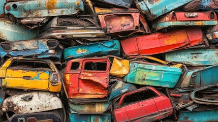 Colorful Pile of Rusty Vintage Cars in Automobile Junkyard Scene