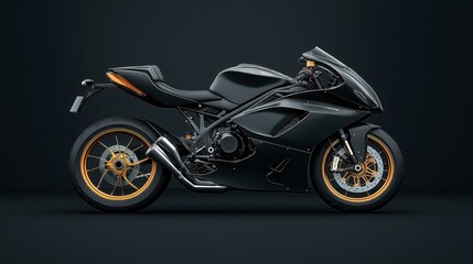 Fototapeta premium Sleek modern black sports motorcycle with aerodynamic design and gold accent wheels on a dark background side view