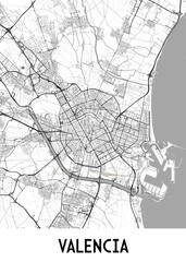 Obraz premium A detailed black and white map of Valencia, Spain, showcasing the city's intricate street network and surrounding areas. The map highlights major roads, smaller streets, and the coastline.