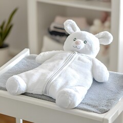 white teddy bear on a bed