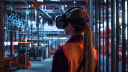 Obraz premium AR/VR work training simulation with a trainee wearing VR goggles and interacting with a virtual task environment