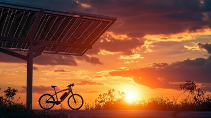 Obraz premium Electric Bicycle Parked Under Solar Panel Sunset Scene