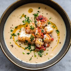 A Comforting Creamy Mushroom Soup Garnished with Fresh Herbs in a Rustic Bowl