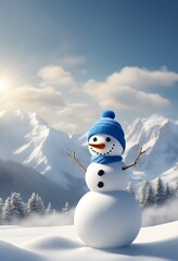 Obraz premium A cheerful snowman with a carrot nose, coal eyes, and a blue scarf, standing in a snowy winter landscape with mountains