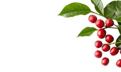 Fresh red coffee cherries with green leaves, showcasing vibrant colors and natural beauty. Perfect for coffee lovers and nature enthusiasts