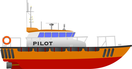 Pilot Boat. Side profile of a pilot boat used to transport harbor pilots between ship and shore. Isolated vector illustration. © DogWatch Digital