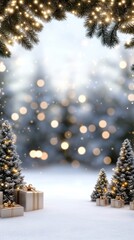 Obraz premium Beautifully wrapped Christmas gifts sit among small evergreen trees, illuminated by soft, warm lights in a cozy holiday setting, evoking the spirit of celebration