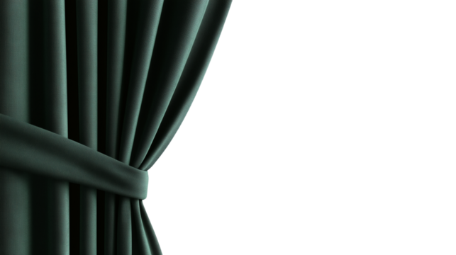 Open olive green tied stage curtain isolated on transparent background with copy space for text or design