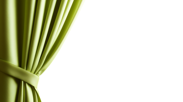 Open lime green tied stage curtain isolated on transparent background with copy space for text or design