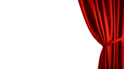 Open red tied stage curtain isolated on transparent background with copy space for text or design