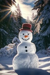 Naklejka premium Cute snowman in snowy field, Frosty the snowman in forest setting during sunset. Wearing knit scarf and hat. 