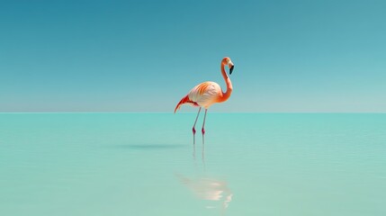 Obraz premium A flamingo standing in a shallow lagoon, soft pink feathers contrasted against blue water