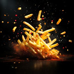 hyper realistic photo of fried fries ingredients flying, well composition and well arranged. The background is black color