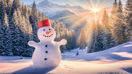 Obraz premium Cute snowman in snowy field, Frosty the snowman in forest setting during sunset. Wearing knit scarf and hat. 
