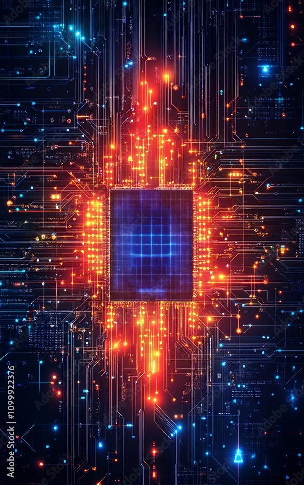 Poster an abstract depiction of a futuristic circuit board with illuminated pathways and a central processi