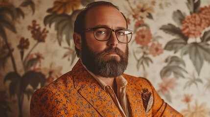 Obraz premium Portrait of a man with beard wearing glasses and orange patterned jacket against floral wallpaper.