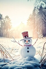 Obraz premium Cute snowman in snowy field, Frosty the snowman in forest setting during sunset. Wearing knit scarf and hat. 