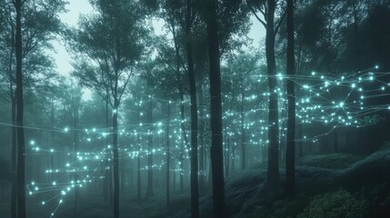 Obraz premium A misty forest with faint neon data nodes mapped onto tree lines, blending technology with nature