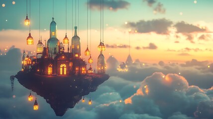 Obraz premium Enchanting Bottle City Floating Above Cloudscape Sunset