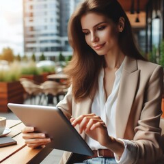 Fototapeta premium Banner of young businesswoman using tablet application for remote work in outdoor office. Woman holding digital computer. Copy space 