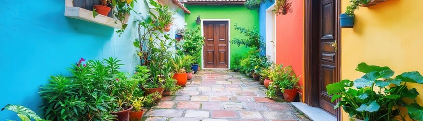 Fototapeta premium Maisonette with a small private garden, vibrant greenery, cozy retreat in an urban setting