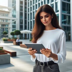 Fototapeta premium Banner of young businesswoman using tablet application for remote work in outdoor office. Woman holding digital computer. Copy space 