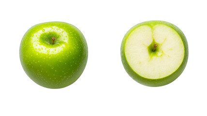 Fresh green apple with water droplets next to sliced half revealing juicy interior