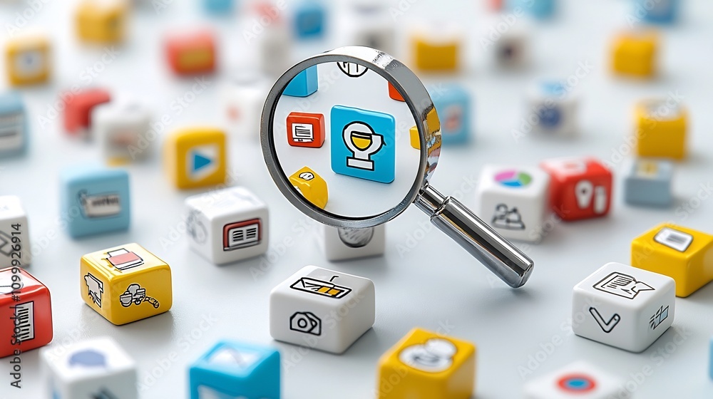 Poster 3D Magnifying Glass Focusing on Cluster of Floating Digital Icons Symbolizing Search Engine s Ability to Precisely Target Specific Information and Data